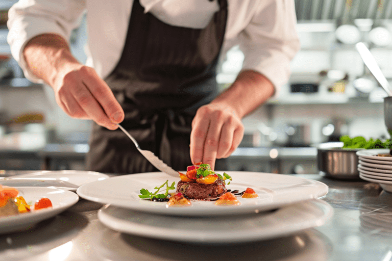 Chef in kitchen plating